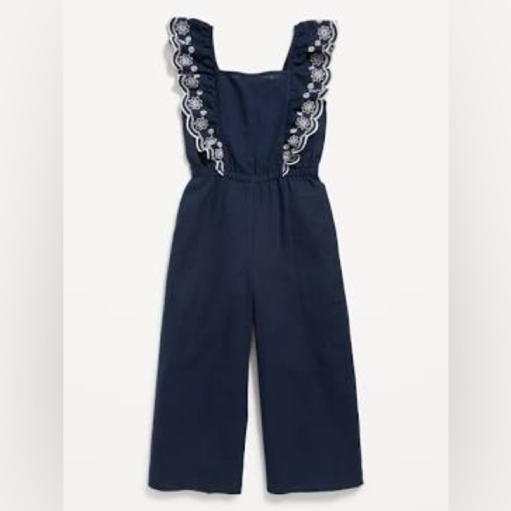 Old Navy Navy sleeveless linen blend romper with Floral Embroidery